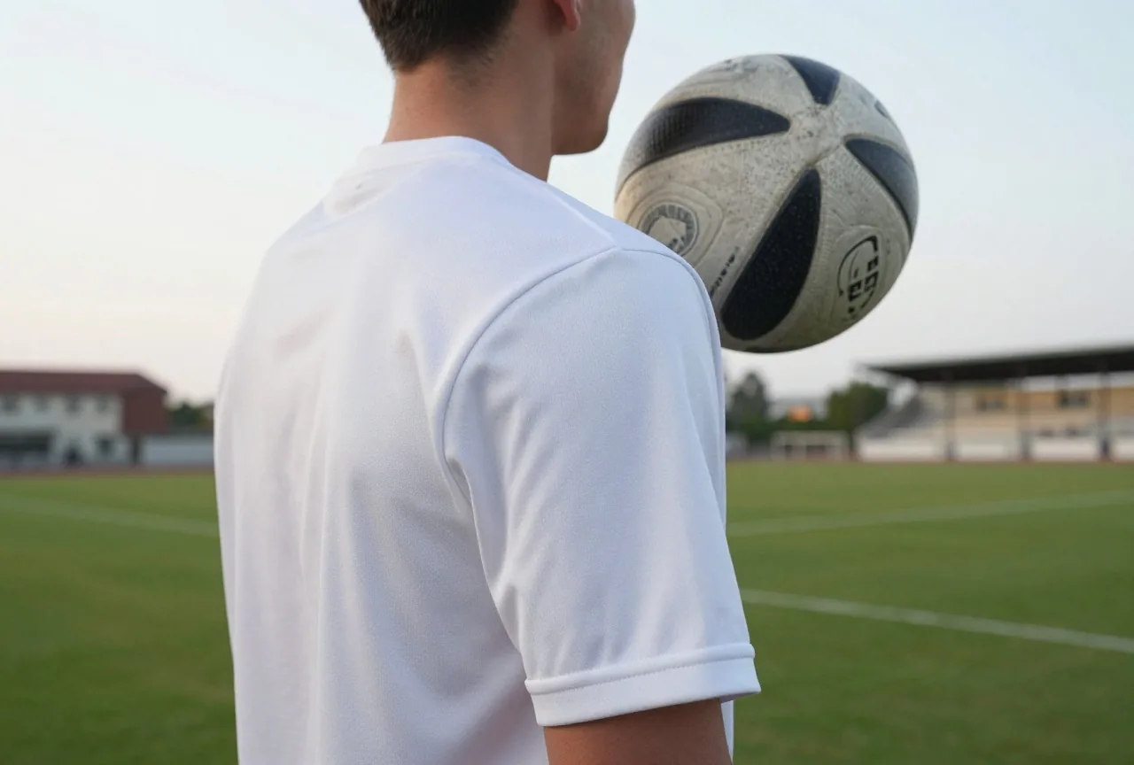 Seitliche Nahaufnahme eines Spielers, der Ball berührt beim Kopfballduell die Schulter im weißen Trikot