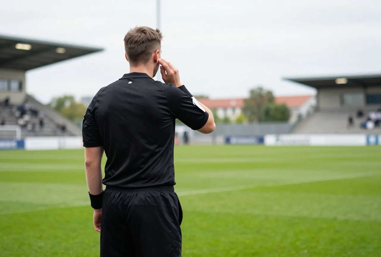 Schiedsrichter steht von hinten gesehen am Monitor am Spielfeldrand und hält die Hand ans Ohr