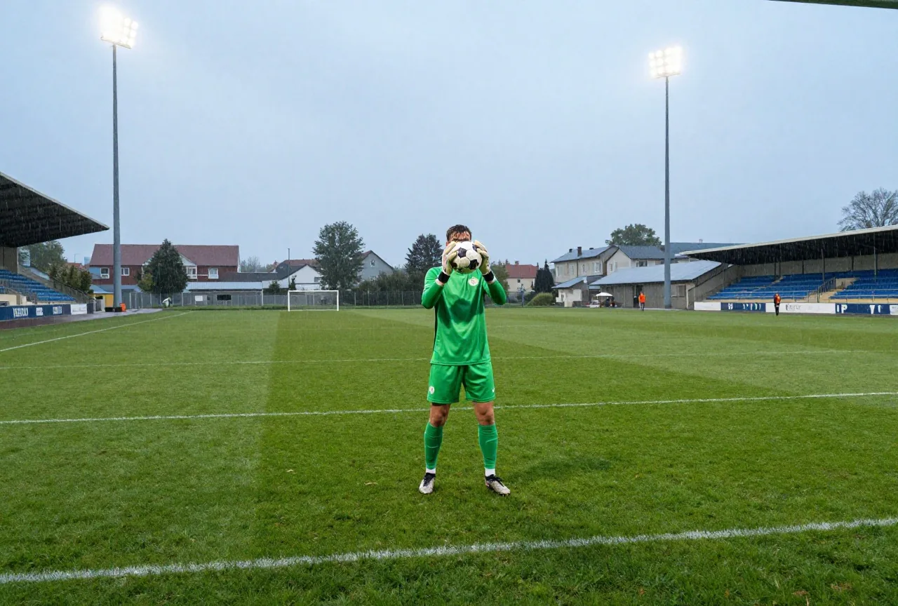 Torhüter in grünem Trikot hält den Ball im Strafraum fest an die Brust, im Regen unter Flutlicht