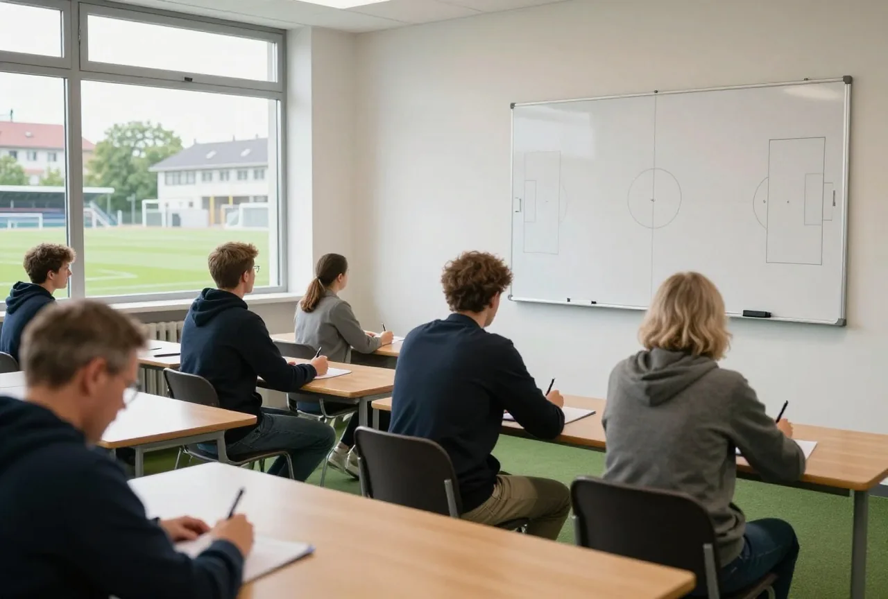 Mehrere Erwachsene sitzen von hinten gesehen in einem Vereinsraum vor einer Tafel mit Spielfeldskizze