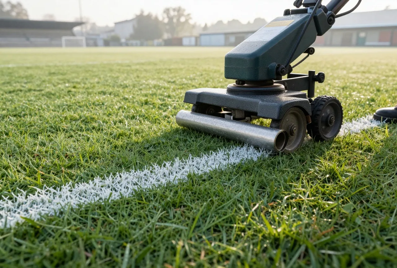 Ein Linienwagen zieht eine frische weiße Linie auf kurz gemähtem Rasen, Morgentau auf dem Gras