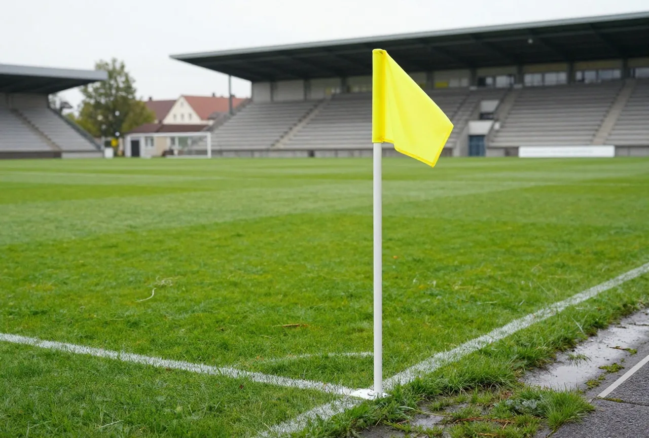 Eckfahne an der Spielfeldecke mit Viertelkreis auf nassem Rasen, dahinter unscharf eine leere Tribüne