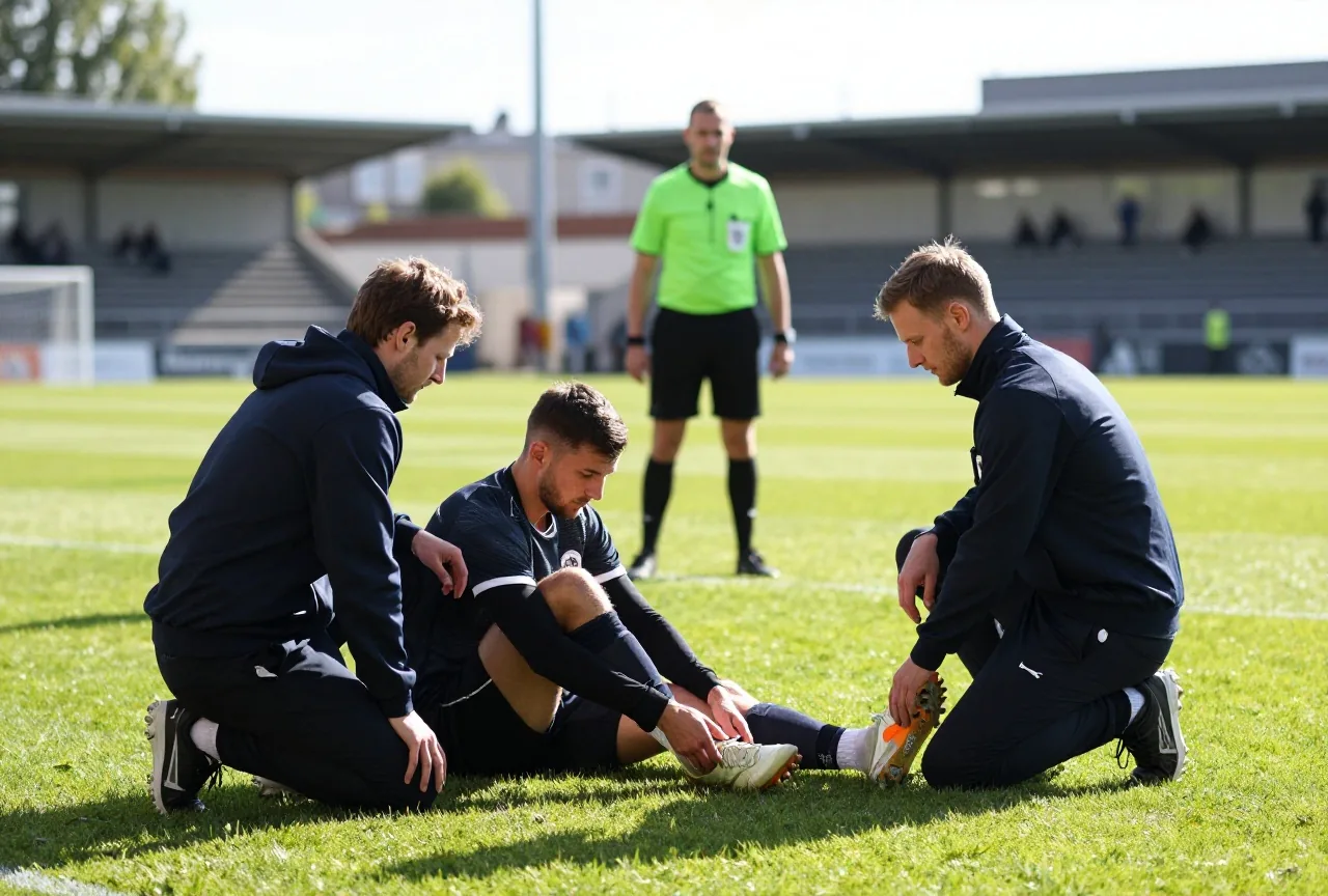 Zwei Betreuer knien auf dem Rasen neben einem Spieler, der sich den Knöchel hält, ein Schiedsrichter wartet