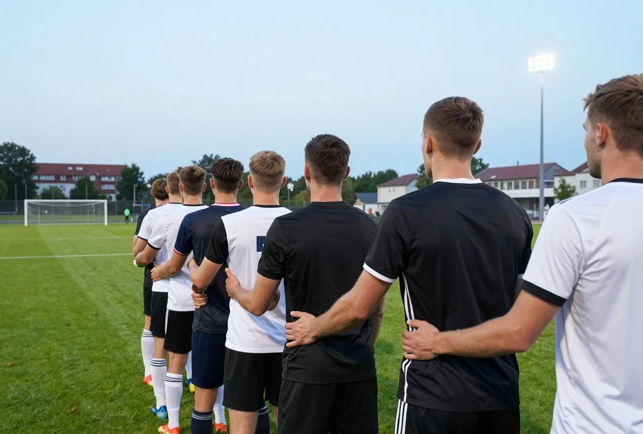 Spieler stehen Arm in Arm an der Mittellinie und schauen unter Flutlicht zum entfernten Strafraum