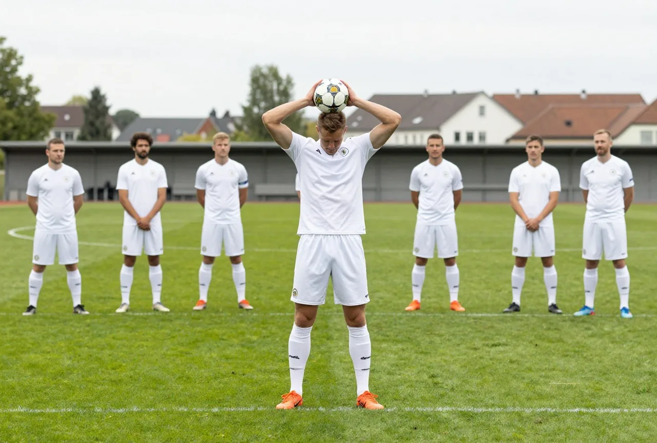 Ein Spieler steht an der Seitenlinie und hält den Ball zum Einwurf mit beiden Händen hinter dem Kopf
