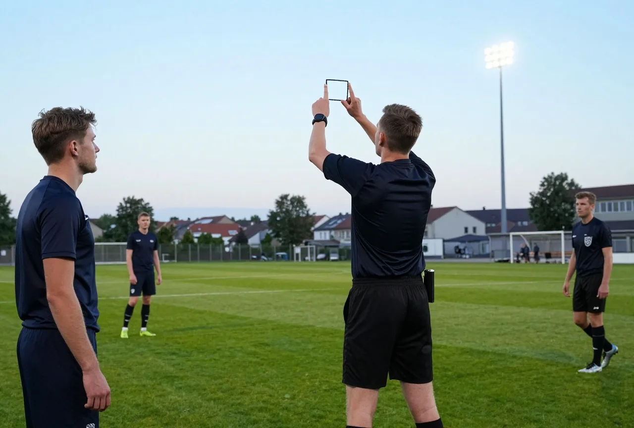 Ein Schiedsrichter zeichnet mit beiden Händen ein Rechteck in die Luft, um ihn herum stehen Spieler