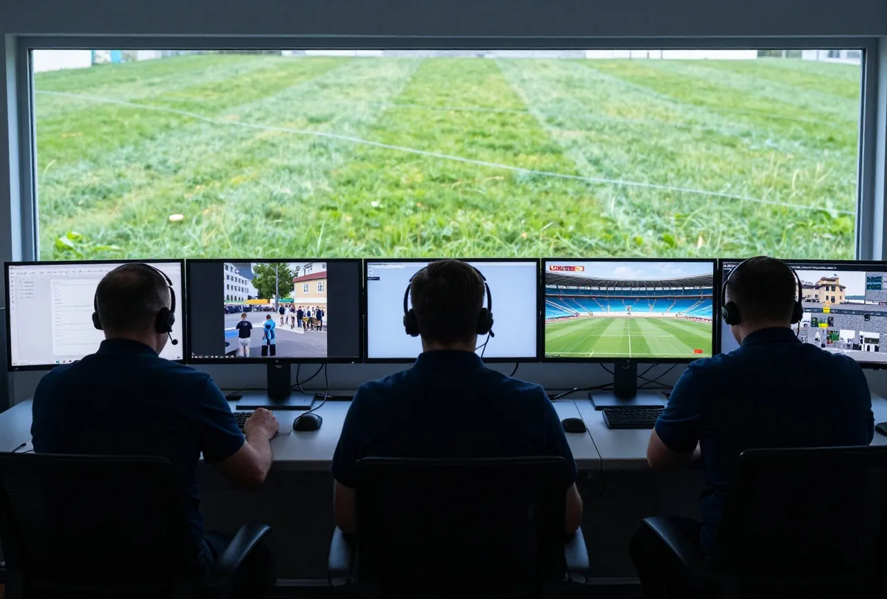 Drei Schiedsrichter mit Headsets sitzen in einem abgedunkelten Videoraum vor abgewandten Monitoren