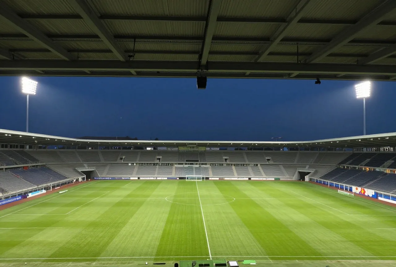 Eine Kamera unter dem Stadiondach ist bei Flutlicht auf das Spielfeld darunter gerichtet
