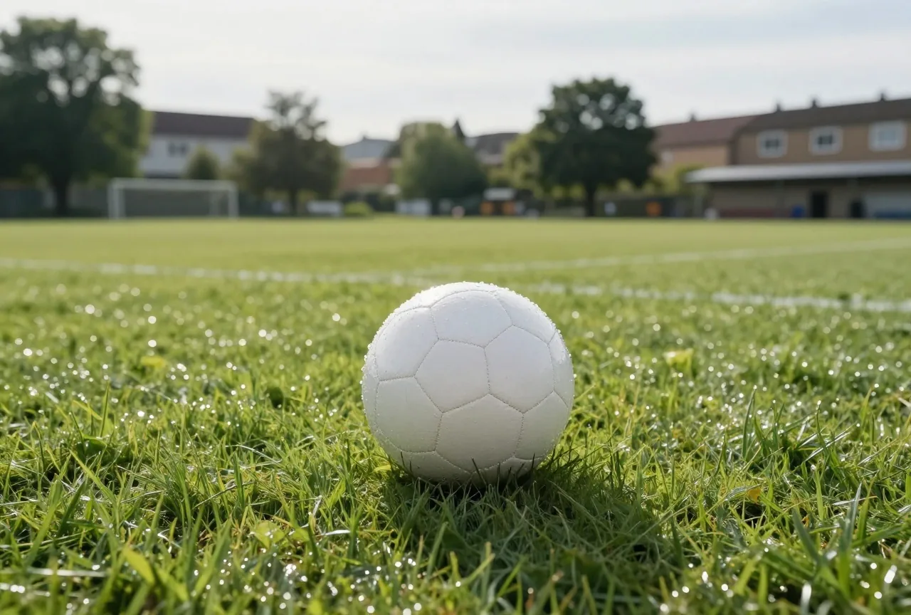 Fußball auf dem Anstoßpunkt eines nassen Rasens, Tropfen im Gegenlicht, dahinter unscharf ein kleines Vereinsheim