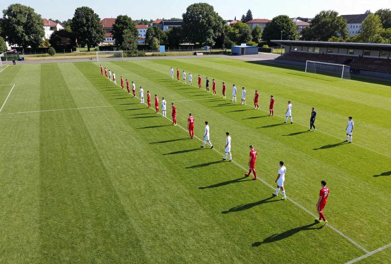 Luftaufnahme eines Fußballspiels mit zwei Mannschaften in kompakten Reihen auf dem Rasen
