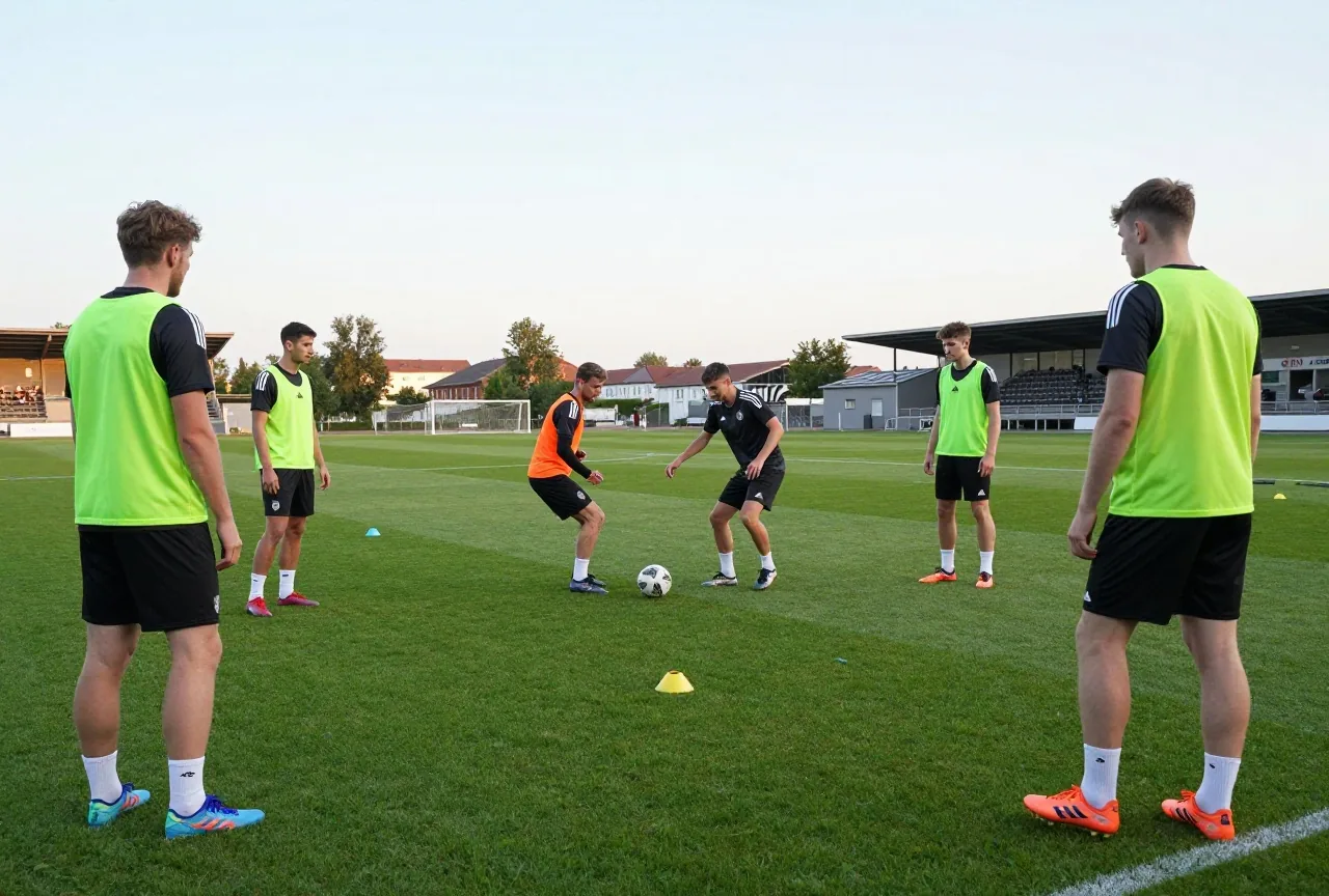 Spieler in Leibchen spielen sich im Kreis den Ball zu, zwei Spieler in der Mitte versuchen ihn zu erobern