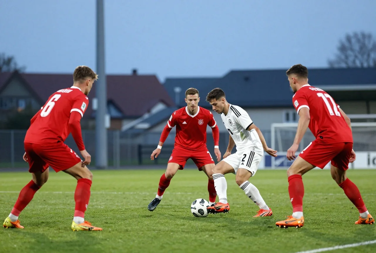 Drei Spieler in roten Trikots setzen einen Mittelfeldspieler am Ball unter Druck