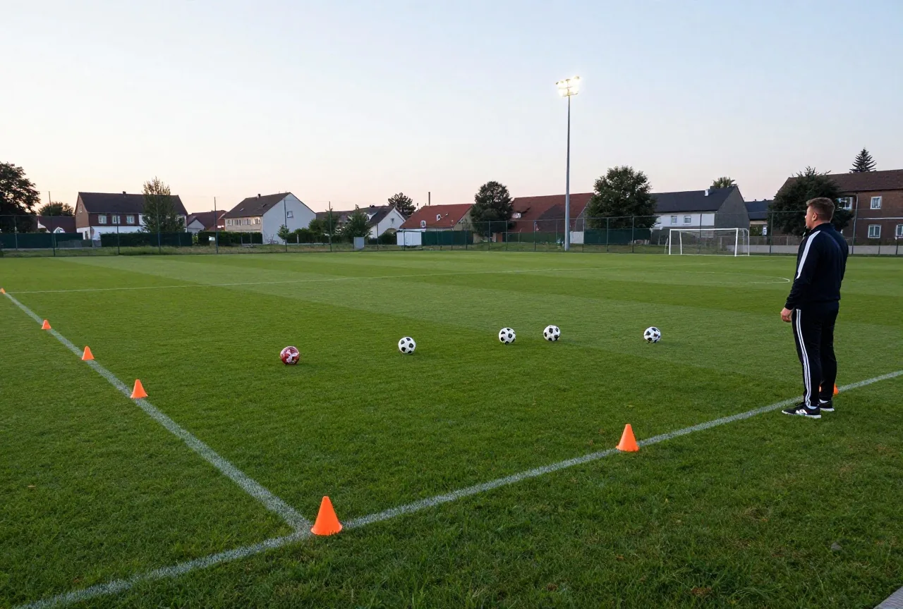 Hütchen und Bälle liegen auf einem Trainingsplatz, ein Trainer steht von hinten gesehen daneben