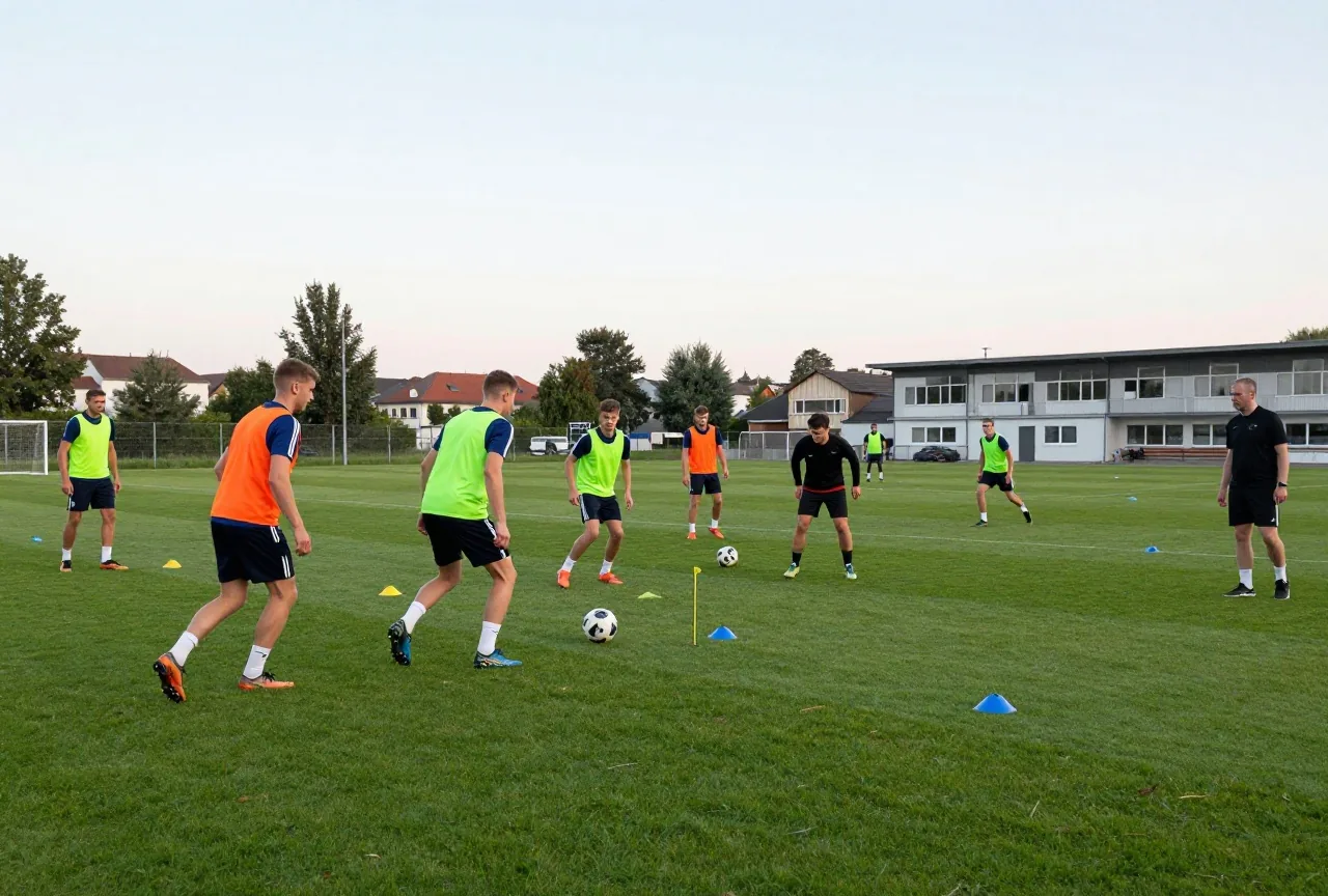 Amateurspieler in Leibchen kontern im Training auf kleine Hütchentore, andere laufen zurück, ein Trainer schaut zu