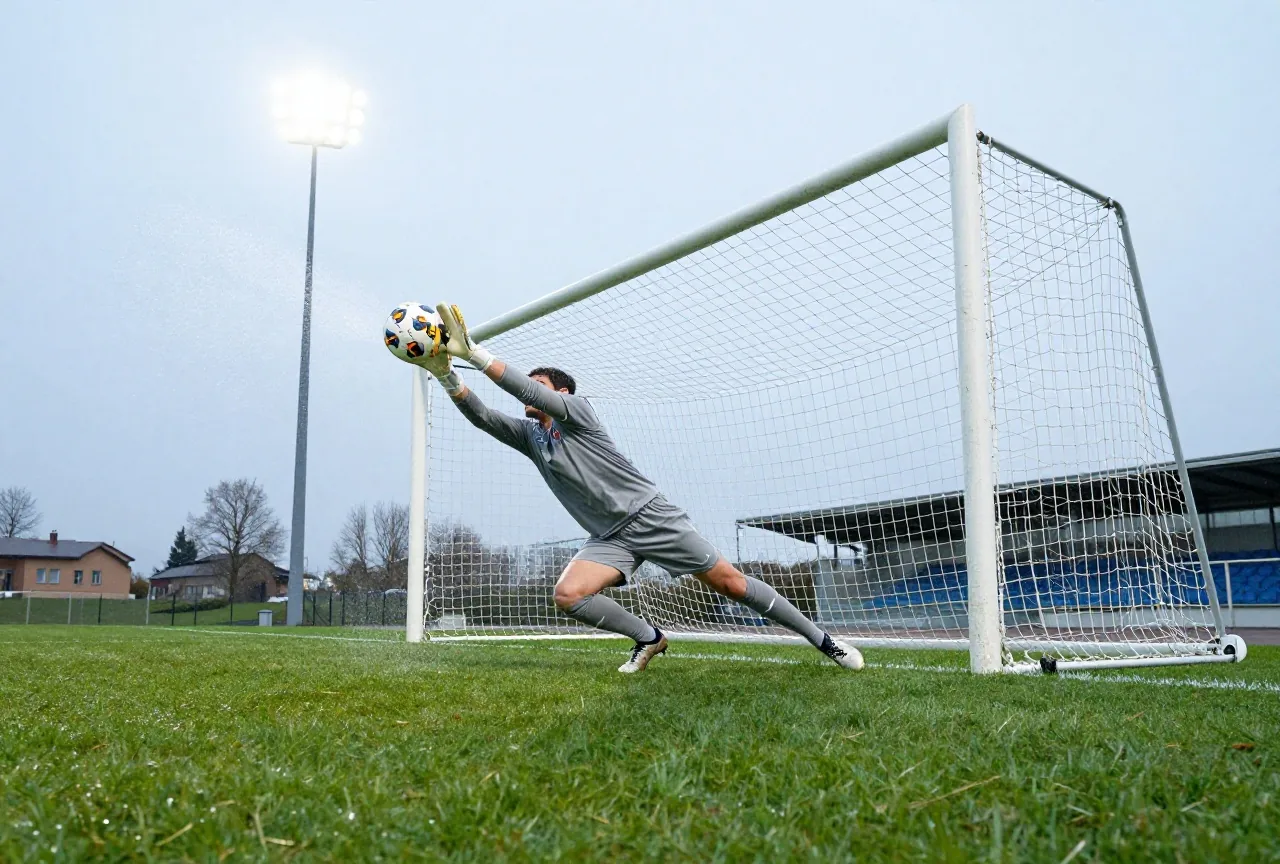 Torhüter in grauem Trikot und Handschuhen hechtet auf nassem Rasen unter Flutlicht nach dem Ball