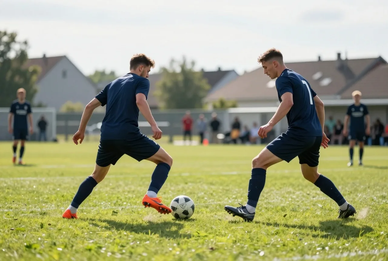 Zwei Mittelfeldspieler in dunkelblauen Trikots kämpfen im Mittelkreis um den Ball, Grashalme fliegen auf