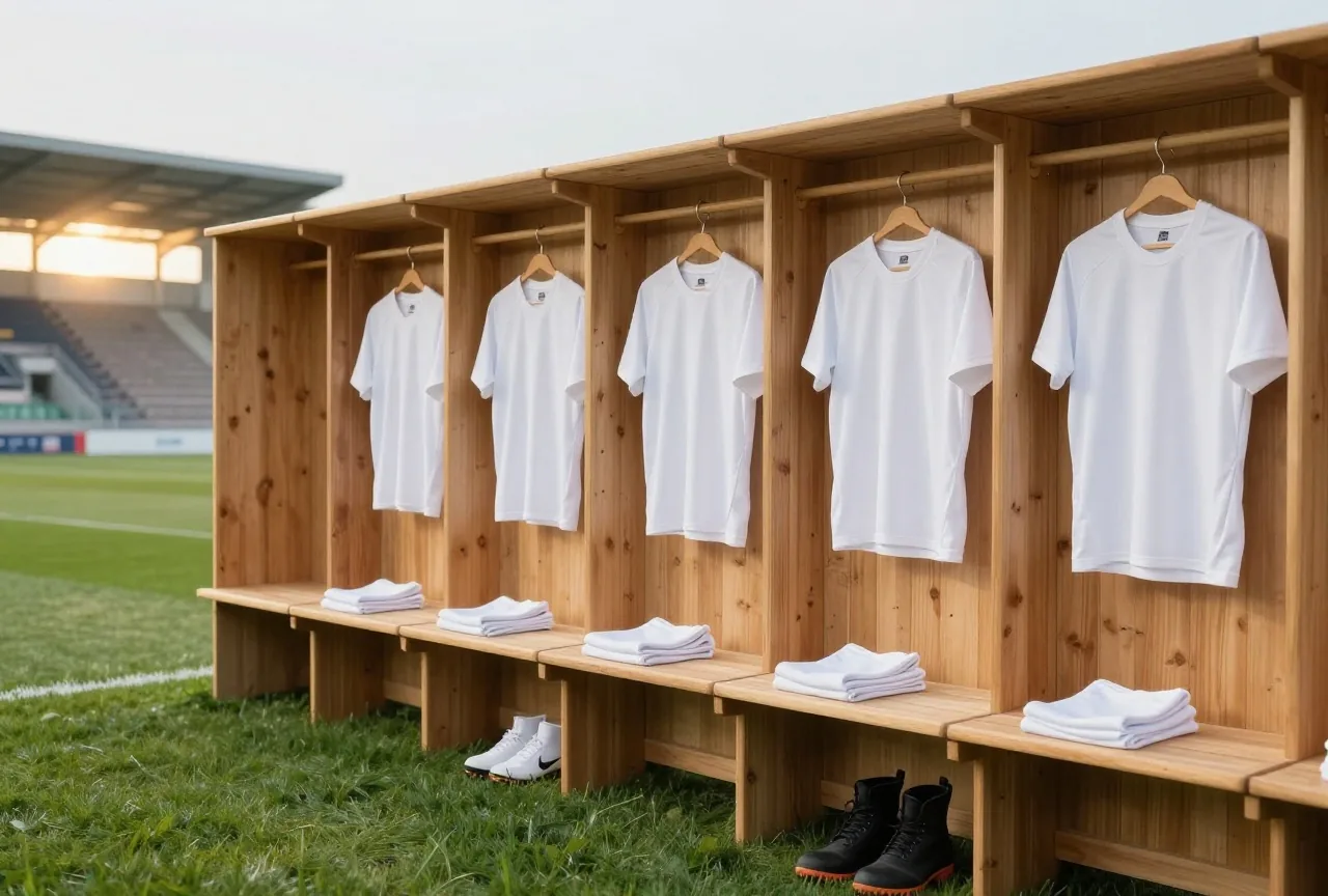 Schlichte Fußballtrikots ohne Aufdruck hängen in einer Holzkabine, darunter liegen Stutzen und Schuhe auf einer Bank