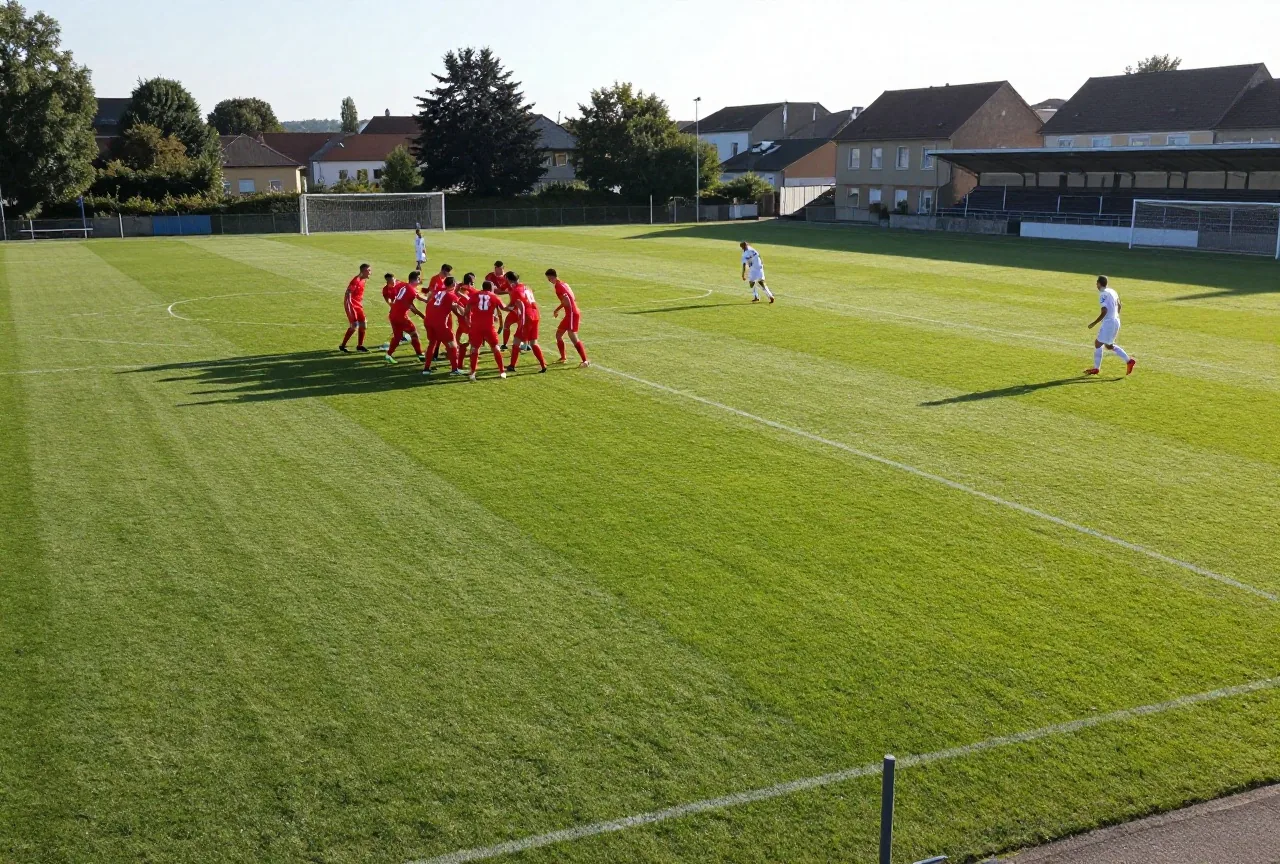 Spieler in roten Trikots stehen kompakt an der Mittellinie, die Gegner in Weiß bauen von hinten auf