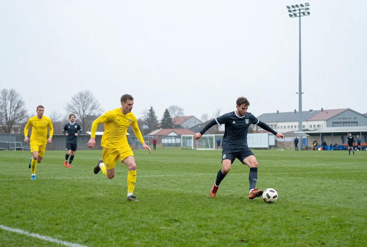 Zwei Spieler in gelben Trikots sprinten auf einen Gegner zu, der gerade den Ball erobert hat, es regnet