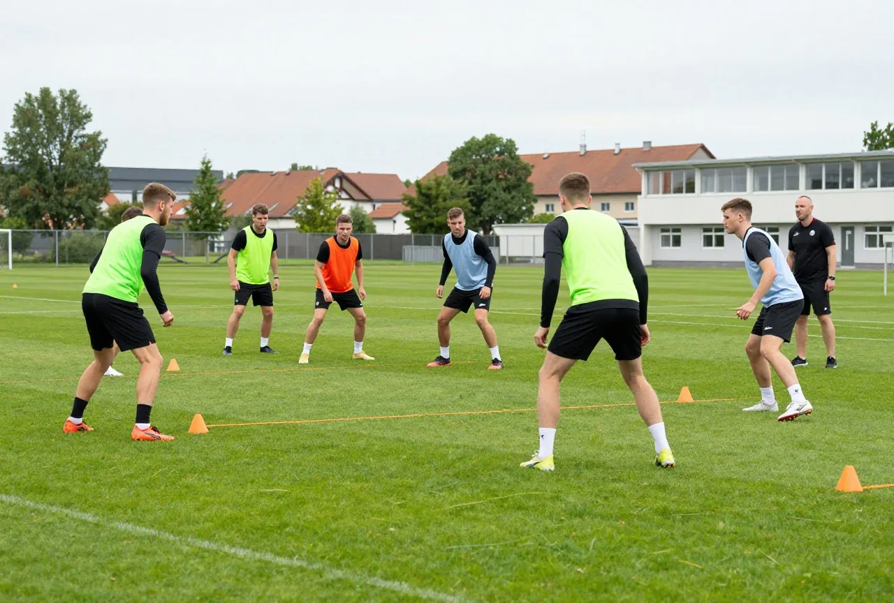 Erwachsene Spieler in Leibchen spielen auf einem mit Hütchen markierten Feld fünf gegen drei, ein Trainer schaut zu