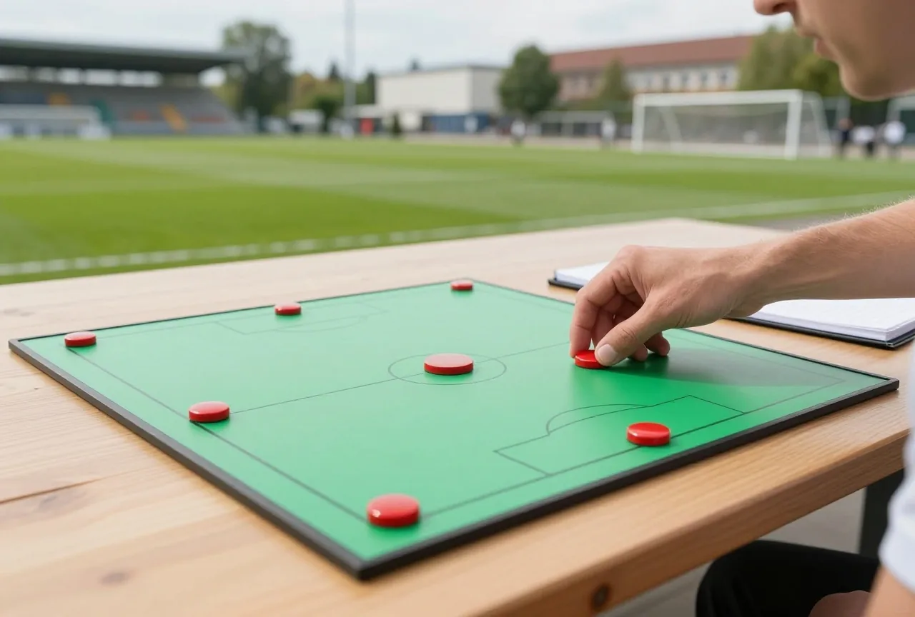 Taktiktafel mit roten Magneten in Formation, eine Hand setzt einen weiteren Magneten auf das gezeichnete Spielfeld