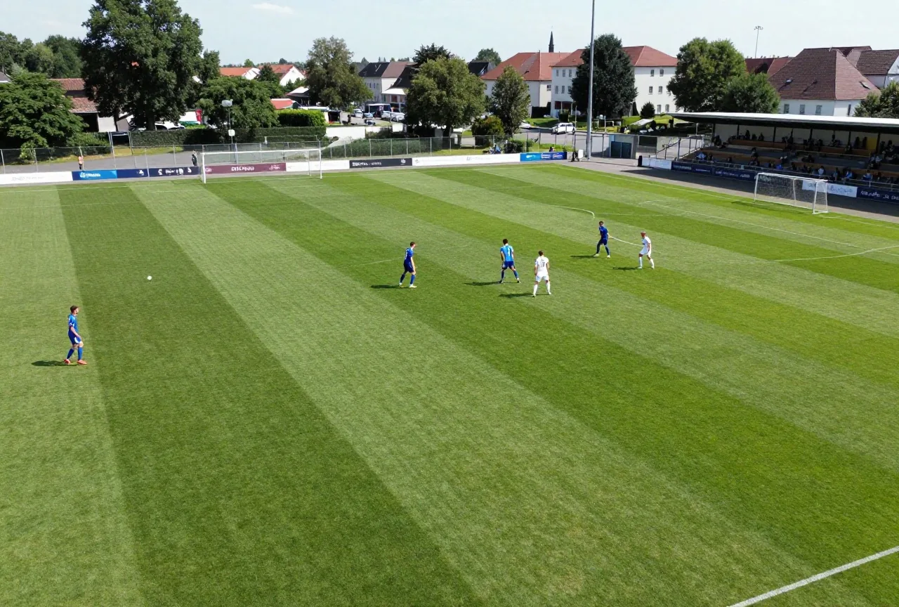 Luftaufnahme eines Fußballspiels, drei Verteidiger in blauen Trikots stehen vor dem eigenen Strafraum in einer Linie