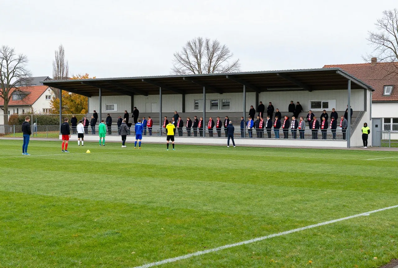 Kleines Fußballstadion mit überdachter Stehtribüne an einem grauen Herbstnachmittag, Spieler wärmen sich auf