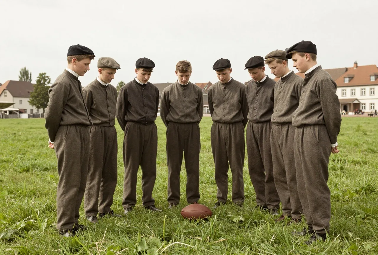 Jugendliche Fußballer um 1900 mit Mützen und langen Hosen stehen mit einem Lederball auf einer Wiese am Stadtrand