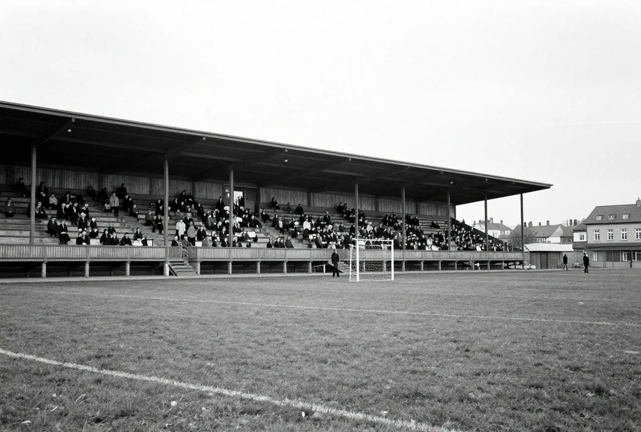 Alter Fußballplatz mit Holztribüne und vollen Stehwällen, Zuschauer in Mänteln und Hüten der 1950er Jahre