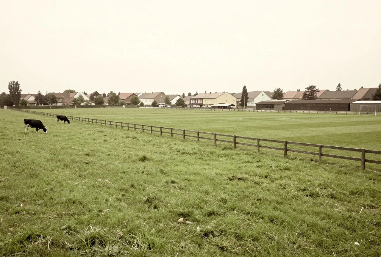 Grüne Wiese mit Holzzaun und grasenden Kühen neben einem kleinen Fußballplatz im Stil der 1920er Jahre