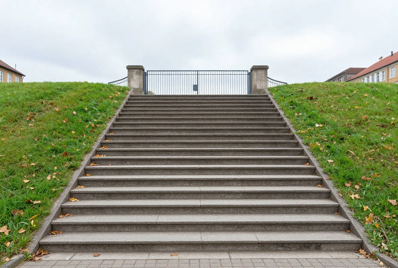Alte Steintreppe mit abgetretenen Stufen führt zum Eingangstor eines Stadions, darauf liegt Herbstlaub