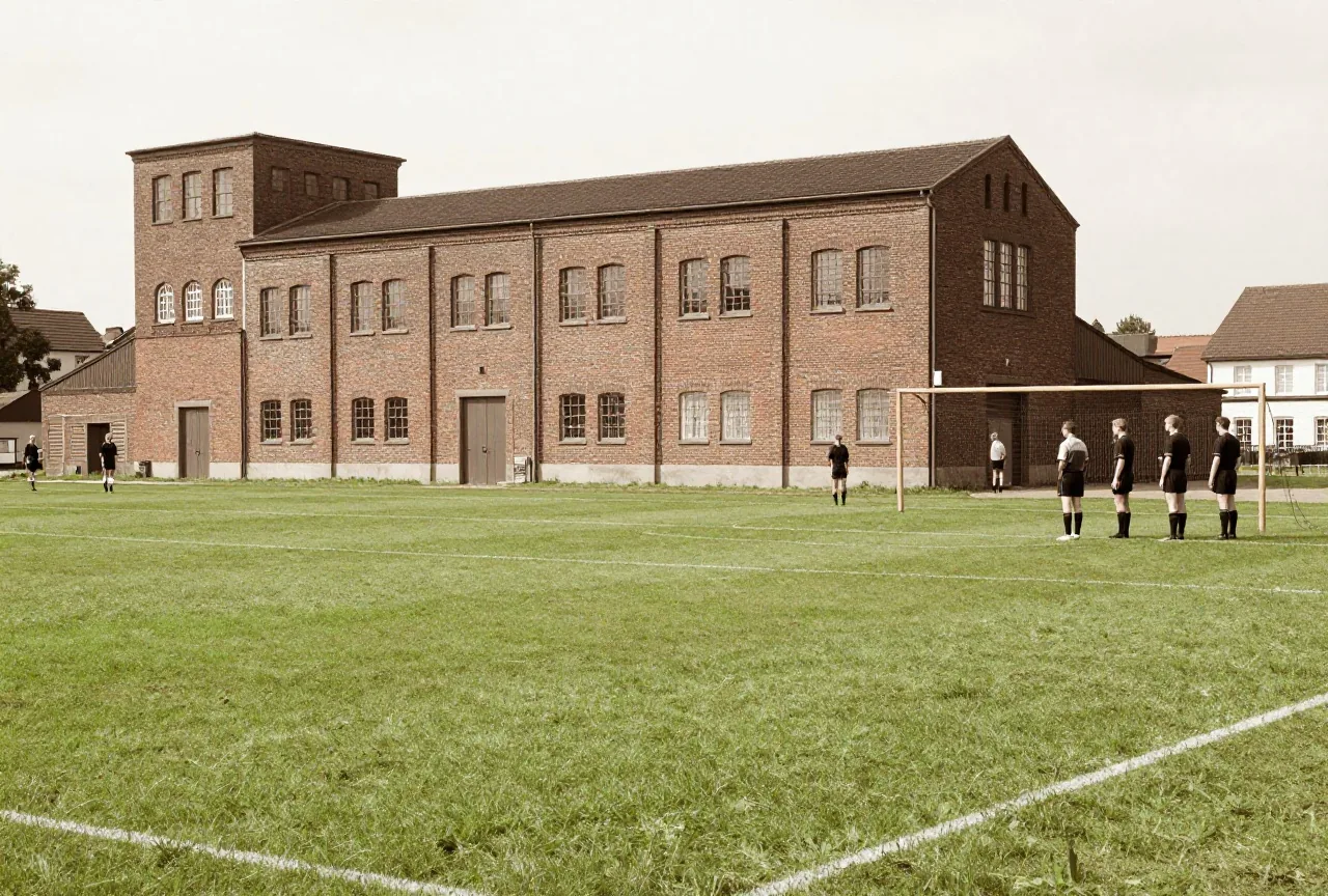 Alte Fabrikhalle aus Backstein neben einem einfachen Rasenplatz mit Holztoren, am Rand stehen Männer in dunklen Sporthemden
