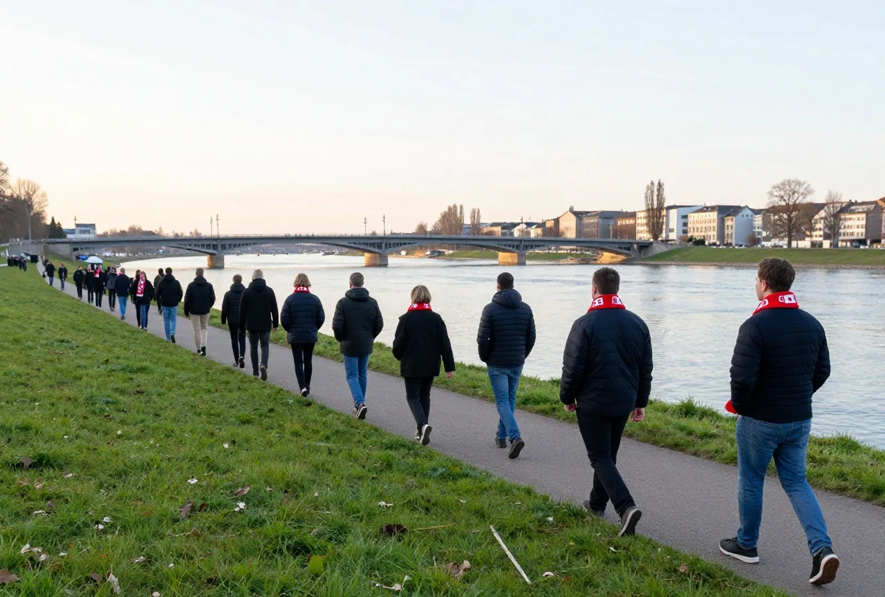 Fußballfans mit schlichten dunklen und roten Schals gehen bei Sonnenuntergang am Rheinufer entlang, von hinten gesehen