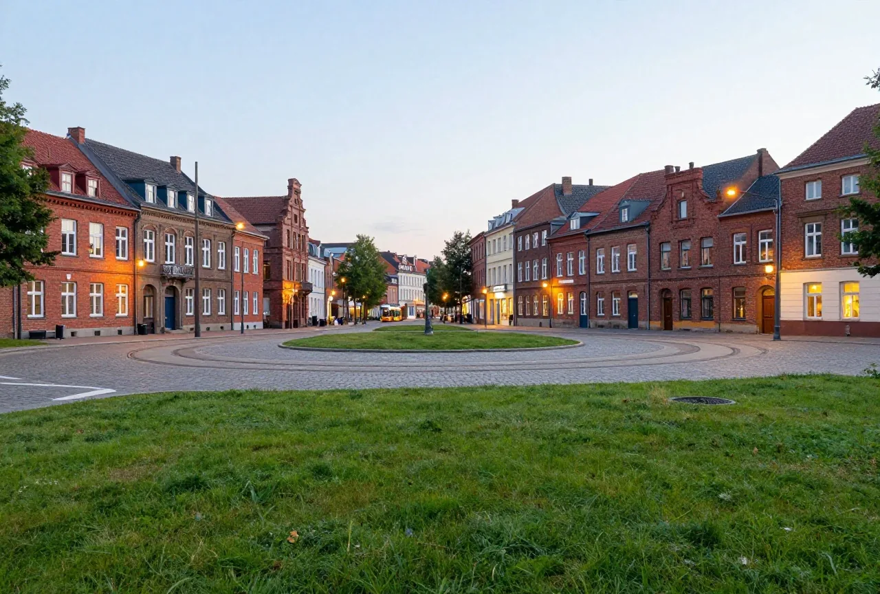 Kleiner runder Stadtplatz mit alten Backsteinhäusern, Straßenbahngleisen und warmen Laternen am Abend