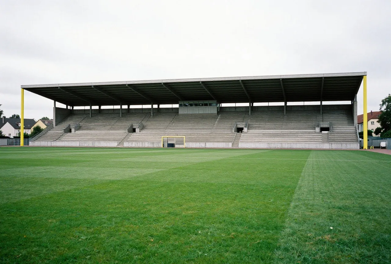 Neu gebautes Fußballstadion aus den 1970er Jahren mit Betontribünen und gelben Stahlpylonen an den Ecken