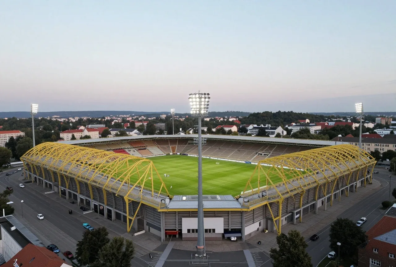 Luftbild eines großen rechteckigen Stadions mit gelber Dachkonstruktion in einer Stadt in der Abenddämmerung