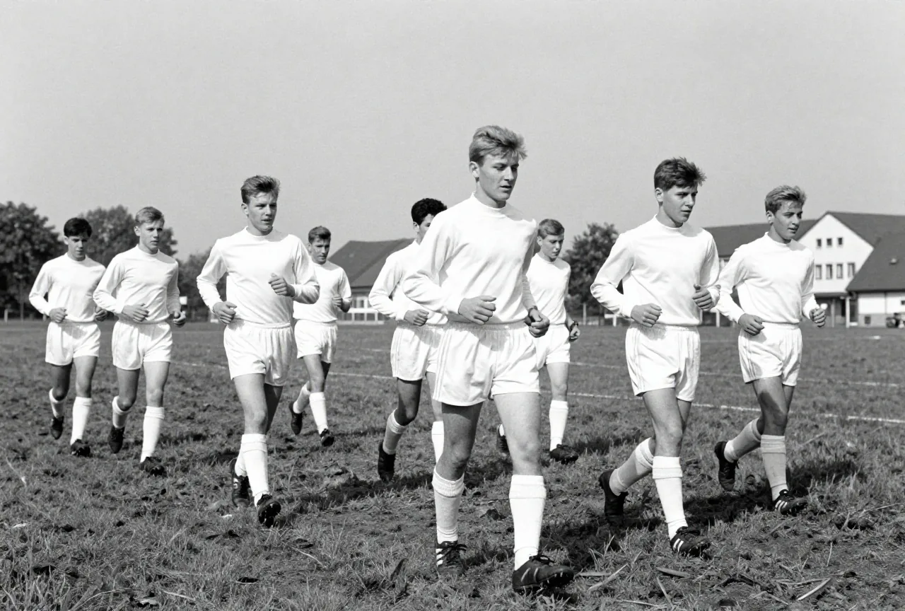 Junge Fußballer in schlichten weißen Trikots laufen über einen matschigen Trainingsplatz, Schwarzweißaufnahme im Stil der 1960er Jahre