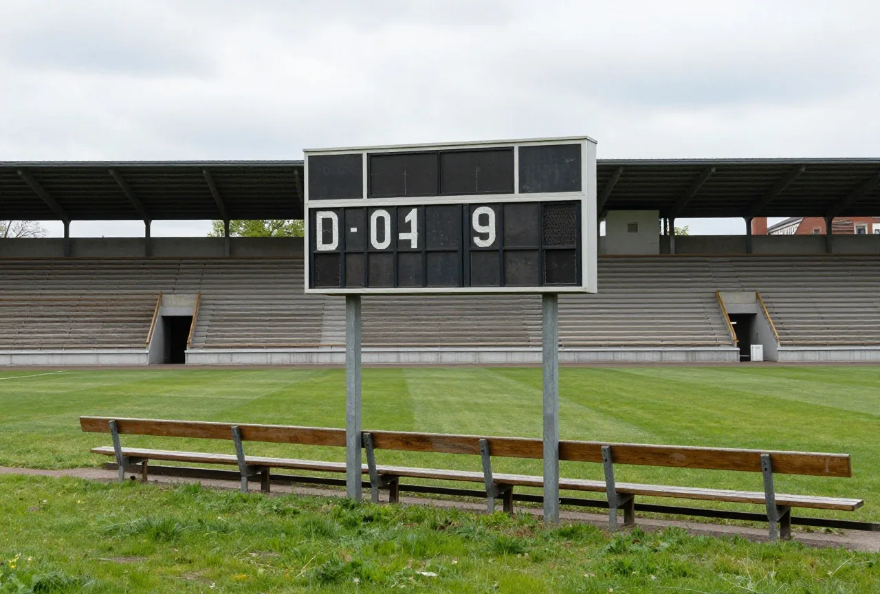 Alte Anzeigetafel ohne Ziffern in einem Stadion der 1970er Jahre mit Holzbänken und leeren Stehrängen