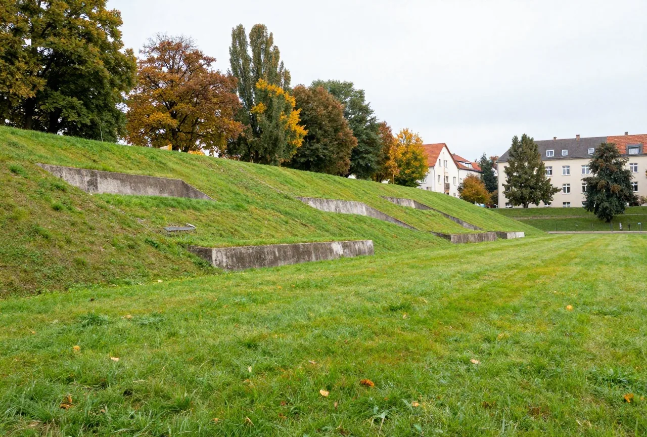 Grasbewachsener Hügel mit Resten alter Betonstufen eines Stadions, überwachsen von Bäumen in Herbstlicht