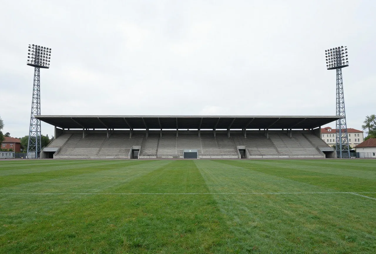Älteres Stadion der 1970er Jahre mit hohen Flutlichtmasten aus Stahlgitter und schlichten Betonrängen