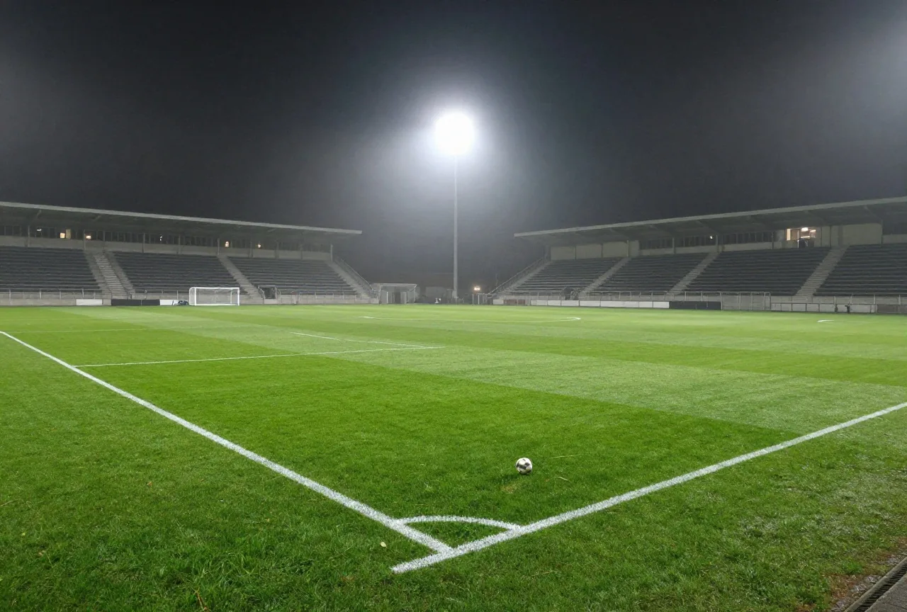 Nebliges Flutlichtspielfeld bei Nacht mit einem einzelnen Ball auf dem Anstoßpunkt und leeren Rängen