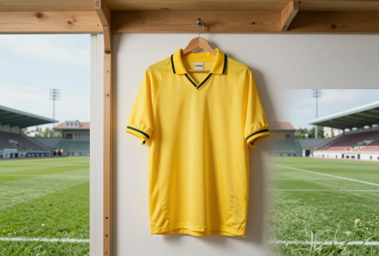 Altes gelbes Fußballtrikot mit langem Kragen an einem Holzhaken in einer historischen Umkleide