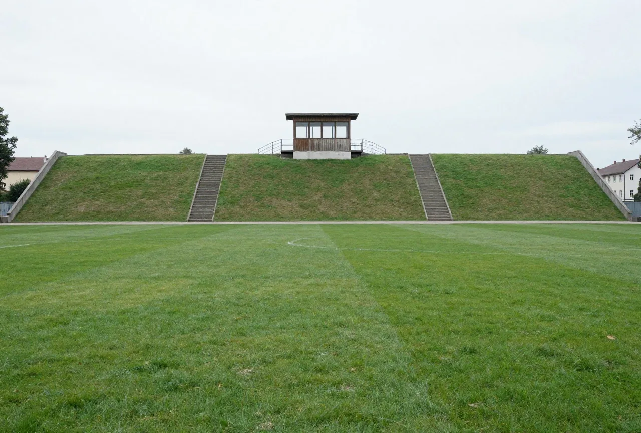 Alter Fußballplatz der 1970er Jahre mit Erdwällen, Betonstufen und kleinem hölzernem Sprecherturm