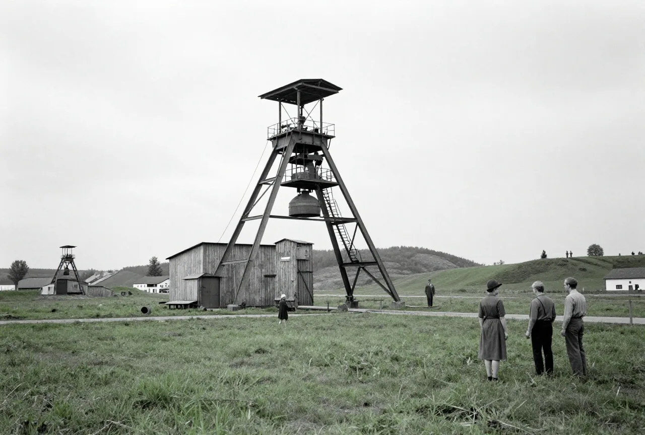 Alter Förderturm eines Bergwerks in hügeliger Landschaft der 1950er Jahre in Schwarzweiß