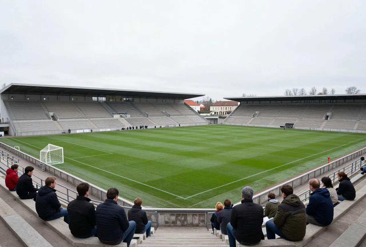 Halbleeres kleines Fußballstadion Anfang der 1990er Jahre mit wenigen Zuschauern in Winterjacken von hinten
