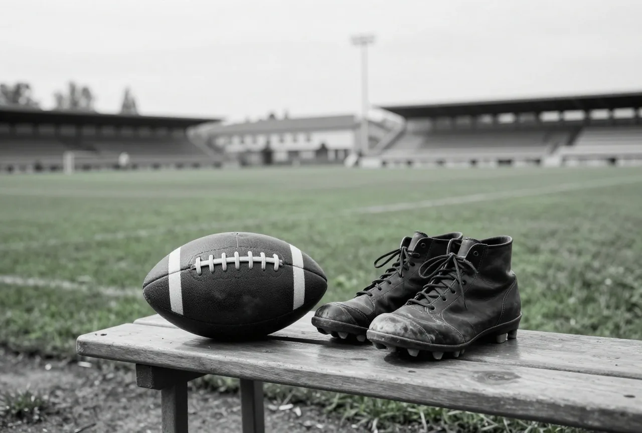 Alter Lederball und abgetragene Fußballschuhe auf einer Holzbank in einer Umkleide im Stil der 1960er Jahre