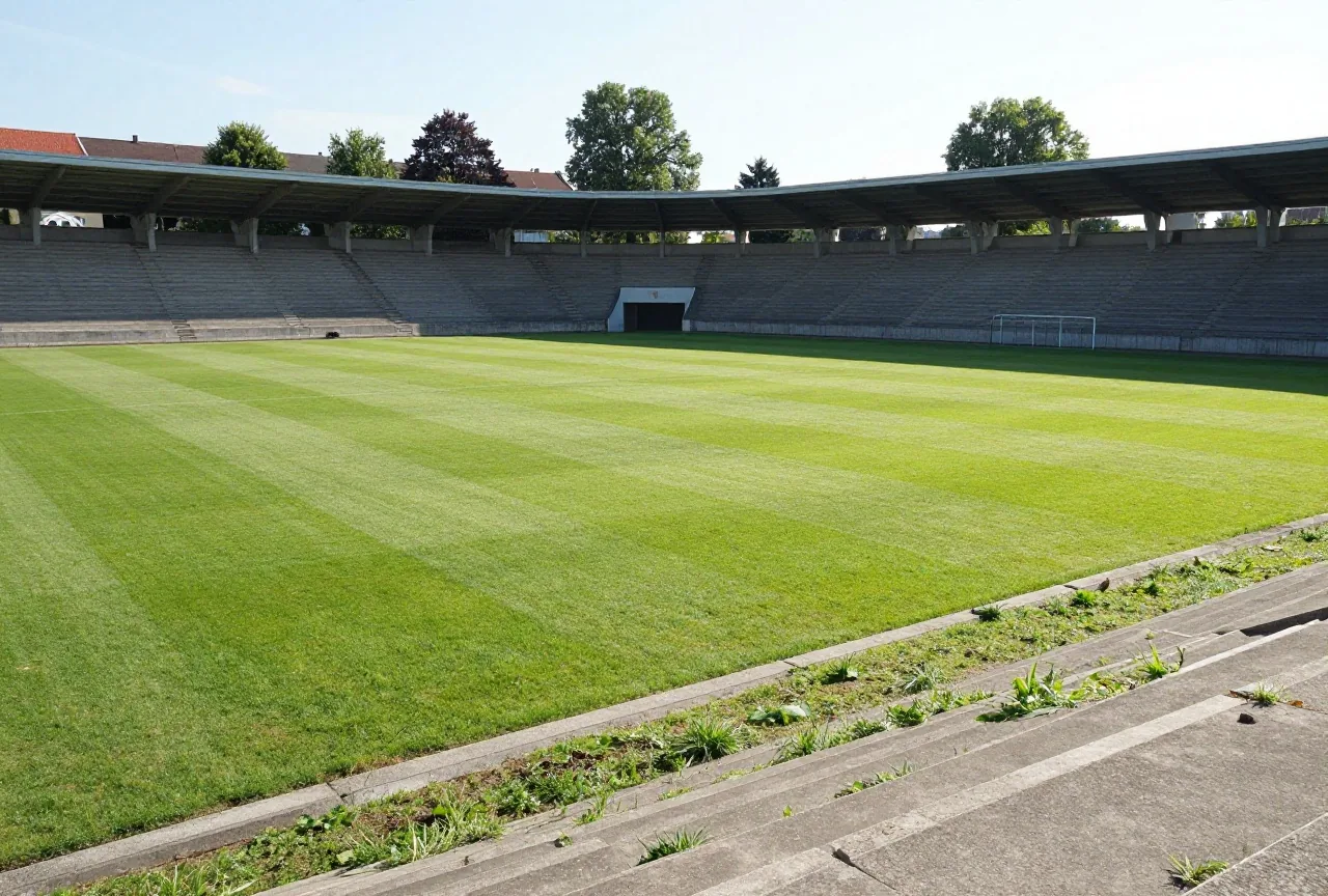 Altes offenes Stadion mit geschwungenen Betonrängen, dahinter Bäume, zwischen den Stufen wächst Gras