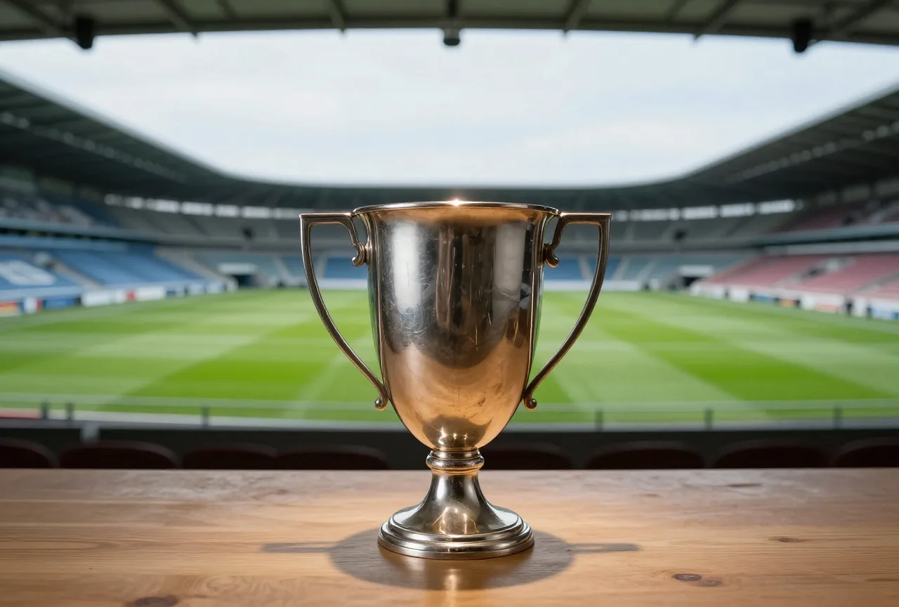 Großer silberner Pokal mit zwei Henkeln auf einem Holztisch in einem abgedunkelten Raum im Lichtkegel
