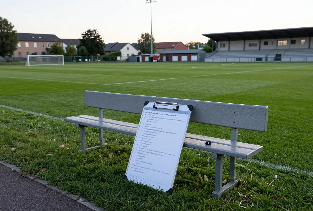 Leere Trainerbank am Spielfeldrand am Abend, daneben eine umgedrehte Taktiktafel und eine Pfeife
