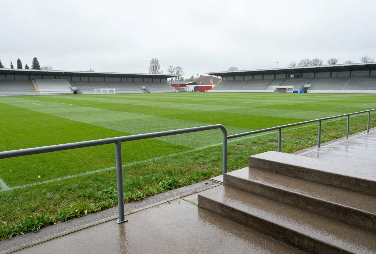 Enge Stehtribüne direkt am Spielfeld mit Wellenbrechern aus Stahl und nassen Betonstufen nach Regen